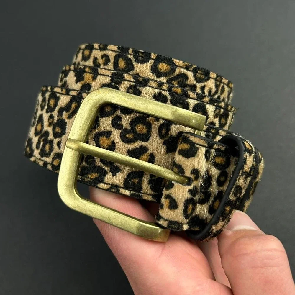 Vintage style cheetah leopard print fur belt american western boho black and tan